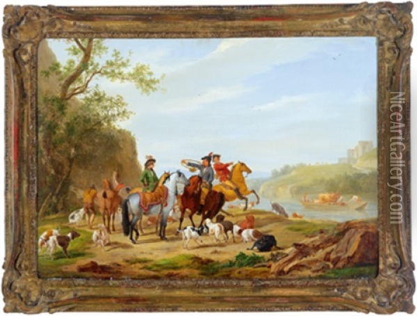 Rastende Reiter Mit Hunden An Einem Flussufer Oil Painting - Francesco Giuseppe Casanova
