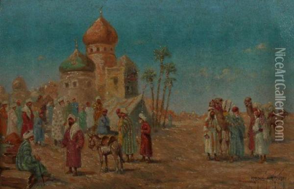 Arabischer Markt Mit Moschee Im Hintergrund Oil Painting - Rene Merion