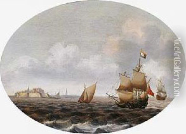 Barcos Frente Al Fuerte Derammenkens En Middelburg Oil Painting - Pieter Cornelisz. Verbeeck