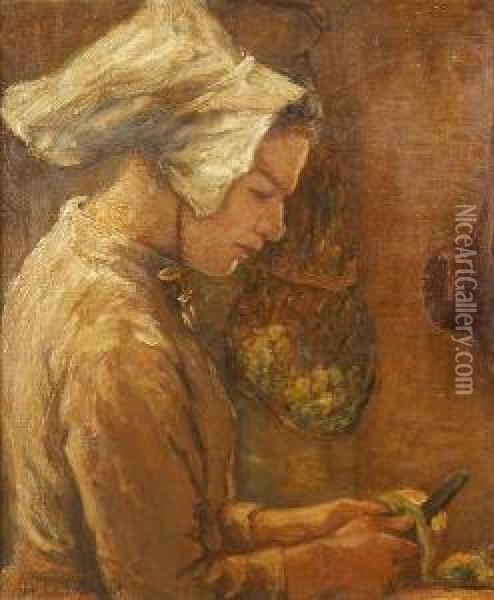 A Peasant Girl Peeling Apples Oil Painting - Henry Herbert La Thangue