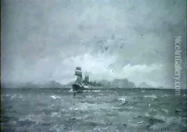 Marine Med Dampskib Ud For Klippekyst Oil Painting - Carl Ludvig Thilson Locher