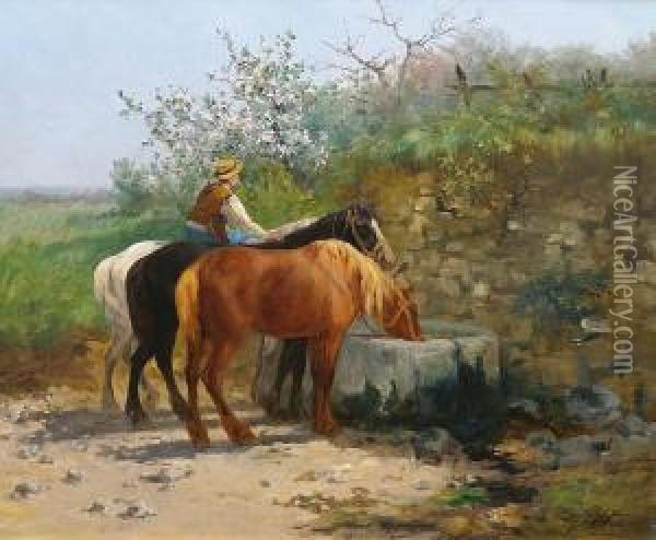 Pferde An Der Tranke Oil Painting - Leon Georges Calves