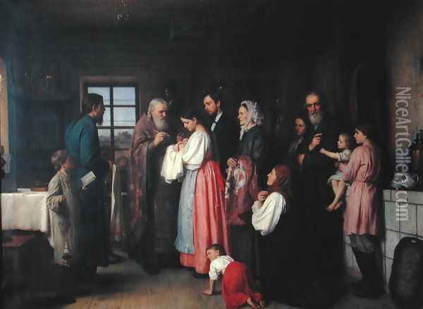 The Christening Oil Painting - Akim Egorovich Karneev