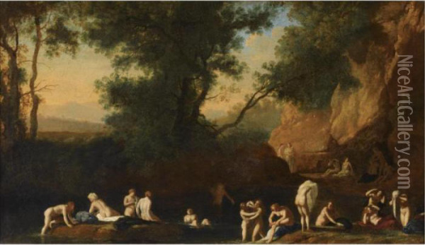Bathing Nymphs In An Italianate Landscape Oil Painting - Herman Van Swanevelt