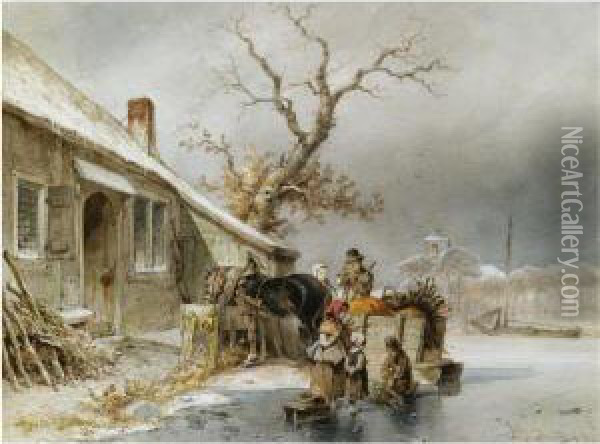 Woodgatherers On The Ice Oil Painting - Johan Gerard Smits