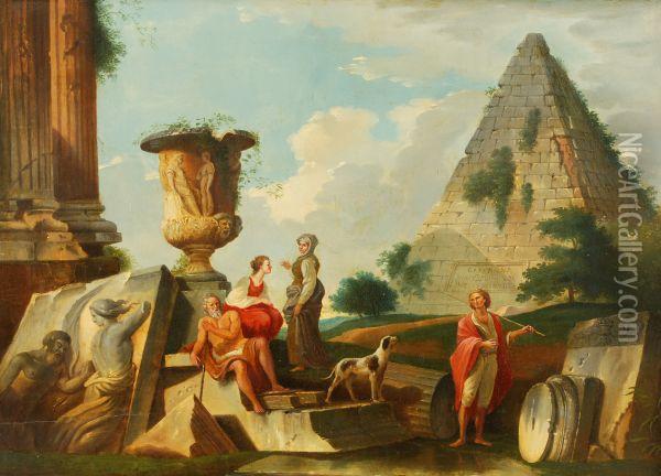 Capriccio Of Classical Ruins With The Pyramid Of Caius Cestius Oil Painting - Giovanni Niccolo Servandoni