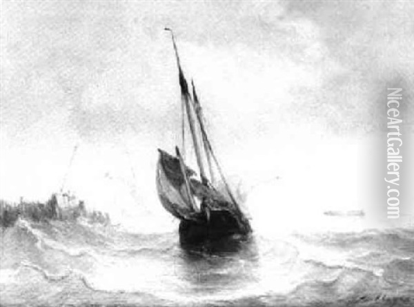 Sailing Vessels On An Estuary Oil Painting - Johan Hendrik Meyer