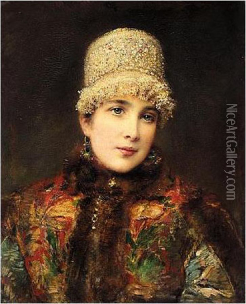Young Russian Beauty In A Kokoshnik Oil Painting - Konstantin Egorovich Egorovich Makovsky