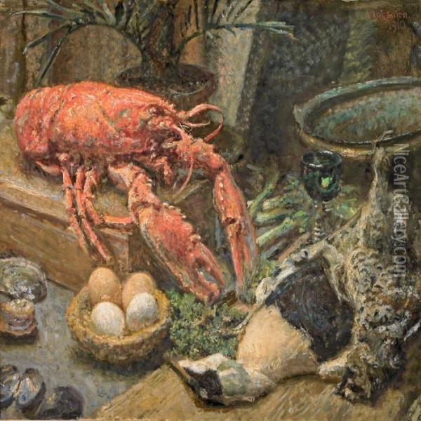 Nature Morte With Lobster And Eider Oil Painting - Viggo Johansen