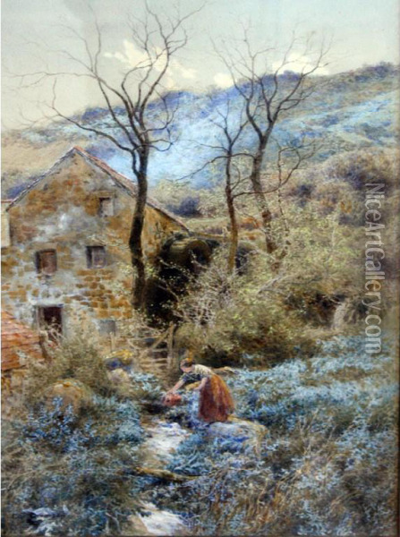 Girl Collecting Bluebells By A Stream Oil Painting - Charles Topham Davidson