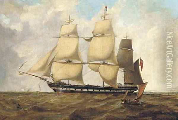 A rowing-boat approaching a three-masted vessel in open sea Oil Painting - English School