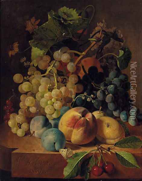 Grapes, peaches, plums and cherries on a marble ledge Oil Painting - Henri Nardeux