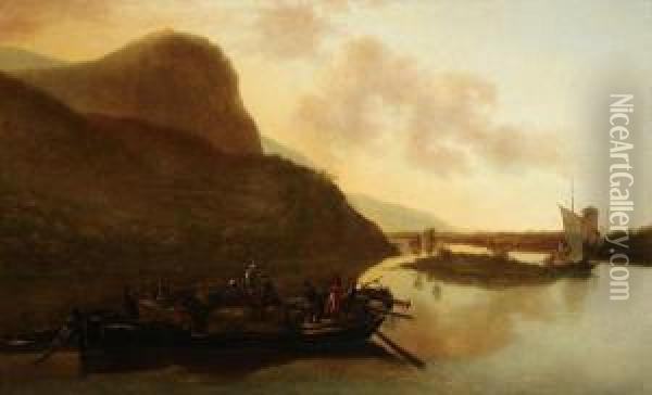A Barge In An Expansive River Landscape Oil Painting - Adam Pynacker