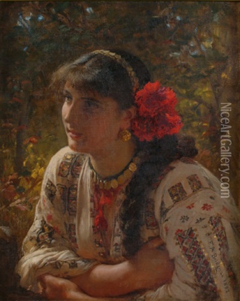 Young Lady W/red Flowers In Hair, Gold Jewelry Oil Painting - Frederick Arthur Bridgman