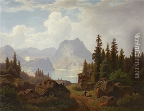 Gebirgslandschaft Mit See Oil Painting - Theodor (Wilhelm T.) Nocken