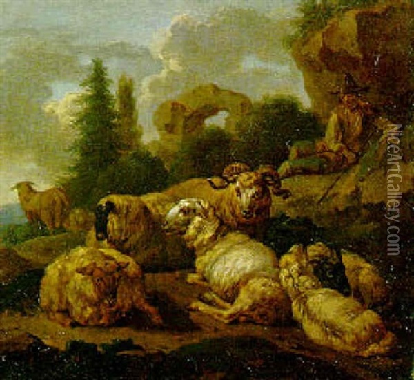 Landscapes With Herdsmen And A Flock Of Sheep Resting Near A Ruin Oil Painting - Simon van der Does