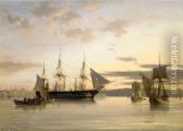 Ships In Calm Water On The Bosporus Oil Painting - Anton Melbye