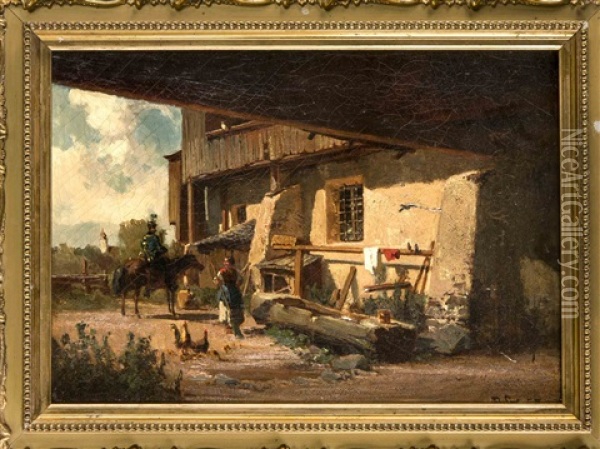 Soldat Zu Pferde Auf Bauernhof Oil Painting - Bernhard Girscher