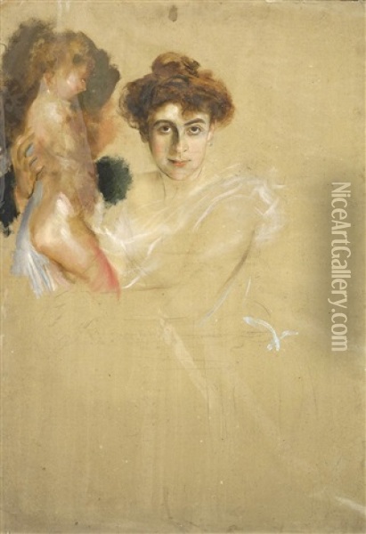 Bildnis Der Frau Von Bleichroder Mit Kleinem Kind Oil Painting - Franz Seraph von Lenbach
