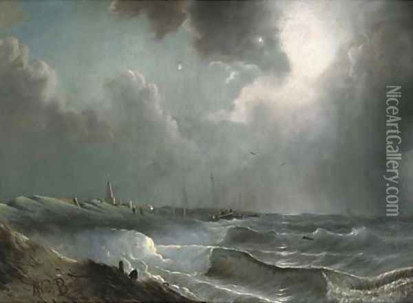 Scheveningen beach on a windy day 2 Oil Painting - Albert Van Beest