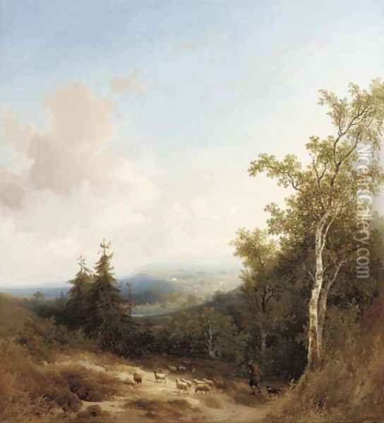 A shepherd on a mountain path, a valley beyond Oil Painting - Johannes Warnardus Bilders