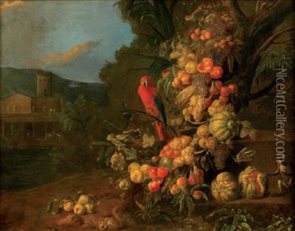 Guirlande De Fruits Animee De Perroquet, Singe Et Ecureuil Dans Un Paysage Classique Oil Painting - Jan Pauwel Gillemans The Elder