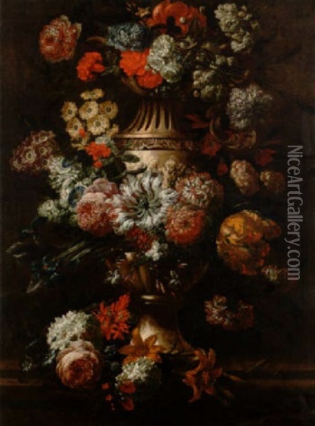 Tulips, Roses, Carnation, Irises, Morning Glory And Other Flowers Decorating A Sculpted Urn On A Ledge Oil Painting - Jan-Baptiste Bosschaert