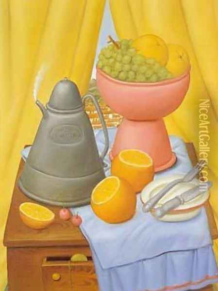 Still Life With Coffee Pot 1985 Oil Painting - Fernando Botero