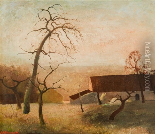 Twilight (farmstead At Nightfall) Oil Painting - Ernest Welvaert