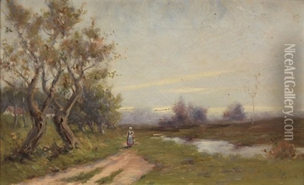 Figure Walking On A Path By A Stream Oil Painting - Ellen Kendall Baker