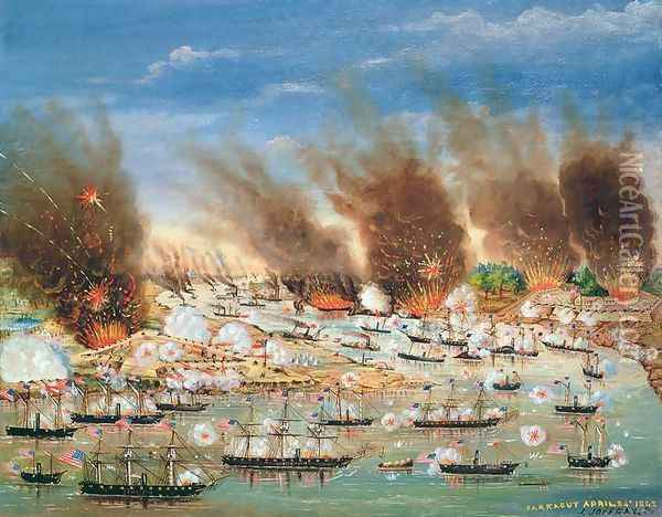 Farraguts fleet passing Fort Jackson and Fort St Philip Oil Painting - J. Joffray