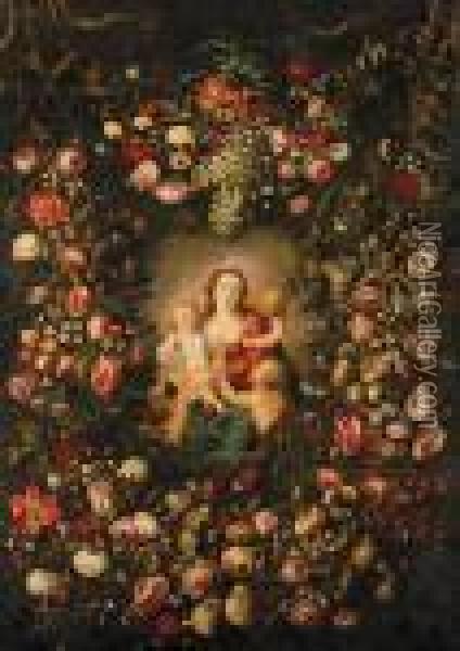 A Garland Of Fruit And Flowers Surrounding A Personification Of Charity Oil Painting - Philippe Mercier