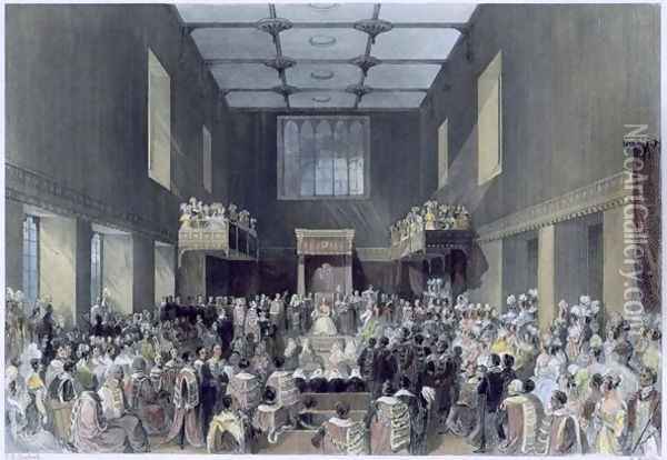 The House of Lords, Her Majesty opening the Session of Parliament, engraved by Henry Melville fl.1826-41 c.1840 Oil Painting - Thomas Hosmer Shepherd