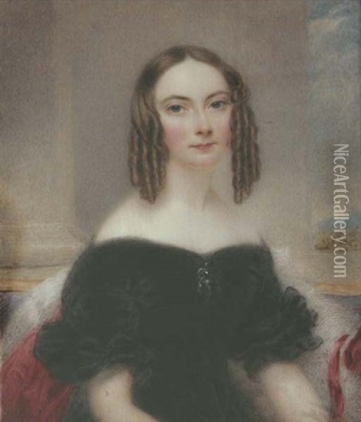 A Young Lady, Seated In A Blue Upholstered Chair, In Black Velvet Dress, Drop Jewel Pendant At Corsage, White Fur-bordered Red Cloak, Her Centre-parted Light Brown Hair Dressed In Ringlets Oil Painting - Thomas Hargreaves