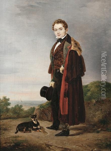 A Finely Dressed Gentleman Accompanied By His Dog Oil Painting - Henri Delattre