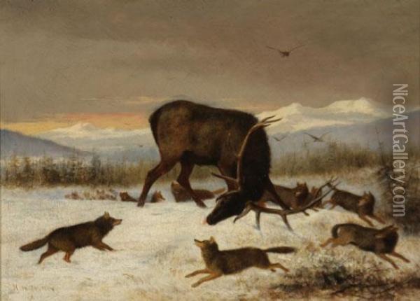 Pack Of Wolves Attacking An Elk Oil Painting - Newbold Hough Trotter