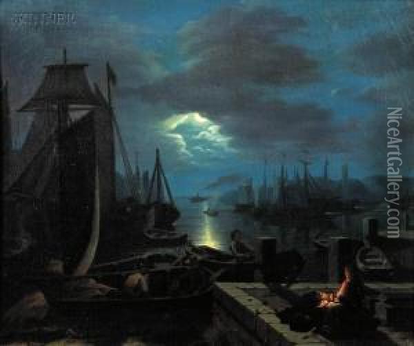 Moonlit Harbor Oil Painting - Johann Mongels Culverhouse