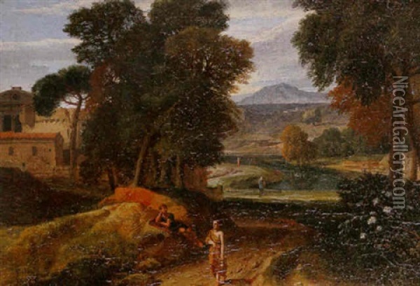A Classical Landscape With Travellers Oil Painting - Jean Francois (Francisque) Millet the Younger