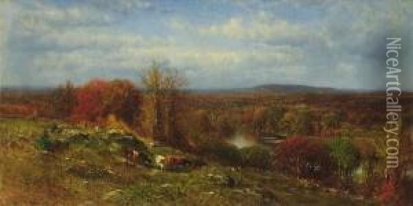 Cattle In An Autumn Landscape Oil Painting - James McDougal Hart