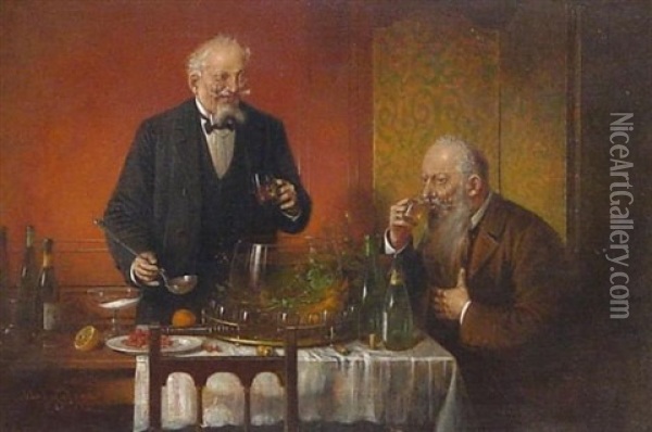 Zwei Herren Mit Bowle Oil Painting - Hans August Lassen