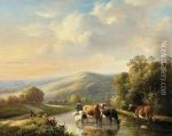 Herder Met Drinkend Vee In Een Zuiders Landschap Oil Painting - Louis Pierre Verwee