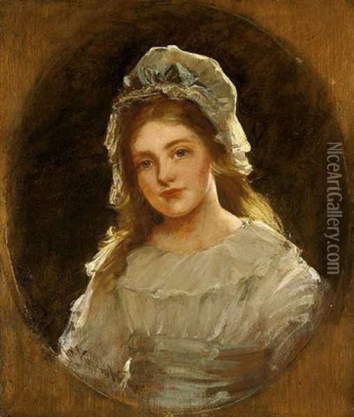 Portrait Of A Girl (the Artist's Daughter Dorothy?) Wearing A White Dress And Bonnet, And A Blue Sash Oil Painting - John Hanson Walker
