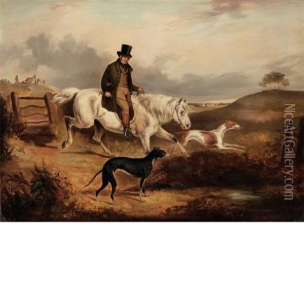 Mr. William Loft Of Thorpe, Riding Near Alford With Two Greyhounds Oil Painting - Edmund Bristow