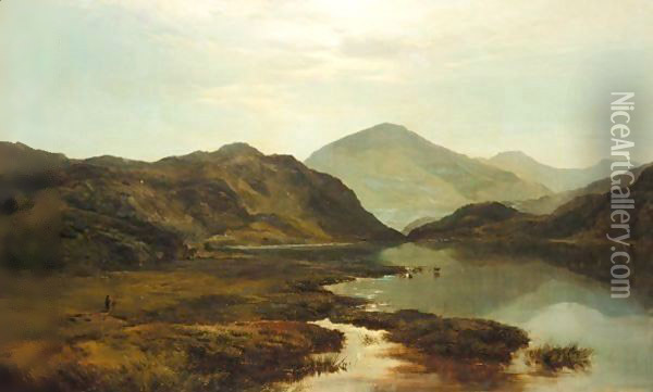 Figures And Cattle In A Mountain Landscape Oil Painting - Sidney Richard Percy