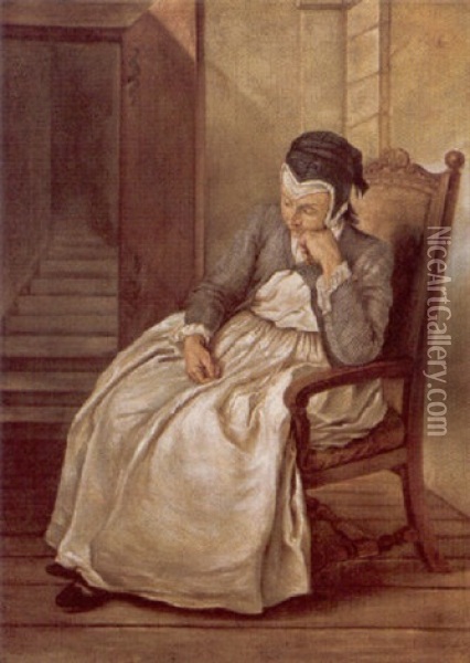 A Maidservant Seated In An Interior Oil Painting - Charles Francois Hutin