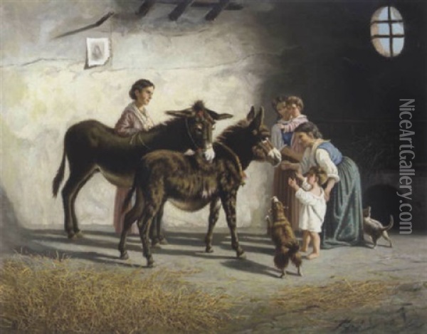 Neapolitanische Bauernfamilie Mit Zwei Esel Oil Painting - Gaetano Mormile