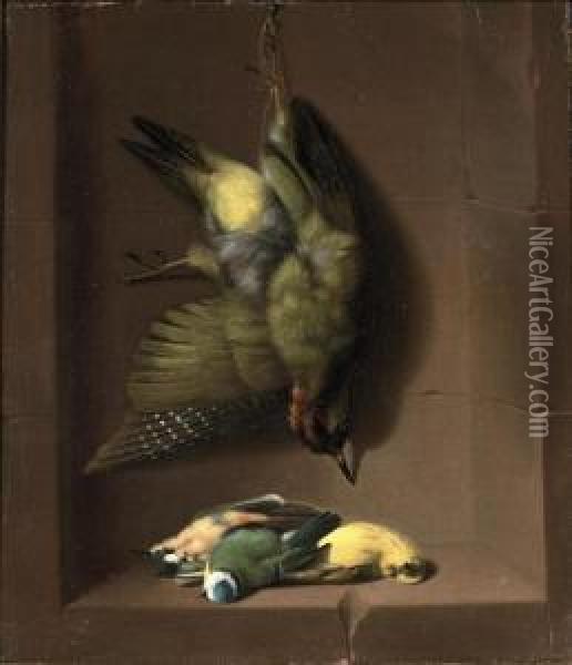 A Woodpecker, Bluetit And Other Songbirds In A Niche Oil Painting - Willem Van Aelst