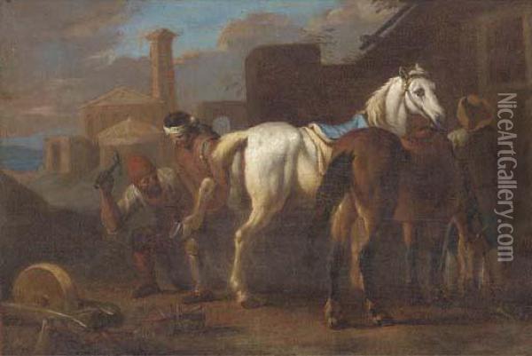 Farriers Working On A Horse In A Village Oil Painting - Pieter van Bloemen