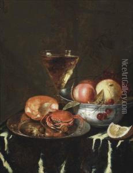 A Crab On A Pewter Platter, A Peach, Cherries In A Pewter Bowl And A Wine Glass Oil Painting - Abraham Hendrickz Van Beyeren