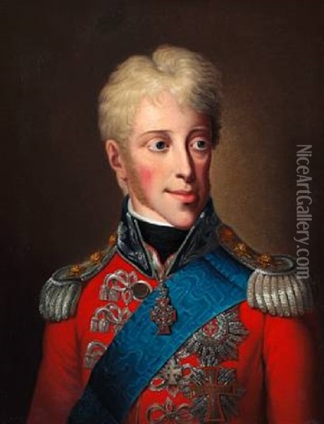 Portrait Of Frederik Vi (1784-1839) In Gala Uniform Wearing The Order Of The Elephant, A Silver Merit Cross And Badge And Breast Star As A Grand Commander Of The Order Of Dannebrog (after F. C. Groger) Oil Painting - Christoph Wilhelm Wohlien